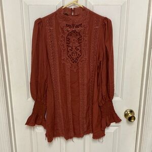 Free People Copper Vienna Crochet Trim Long Sleeve Mini Dress Size medium